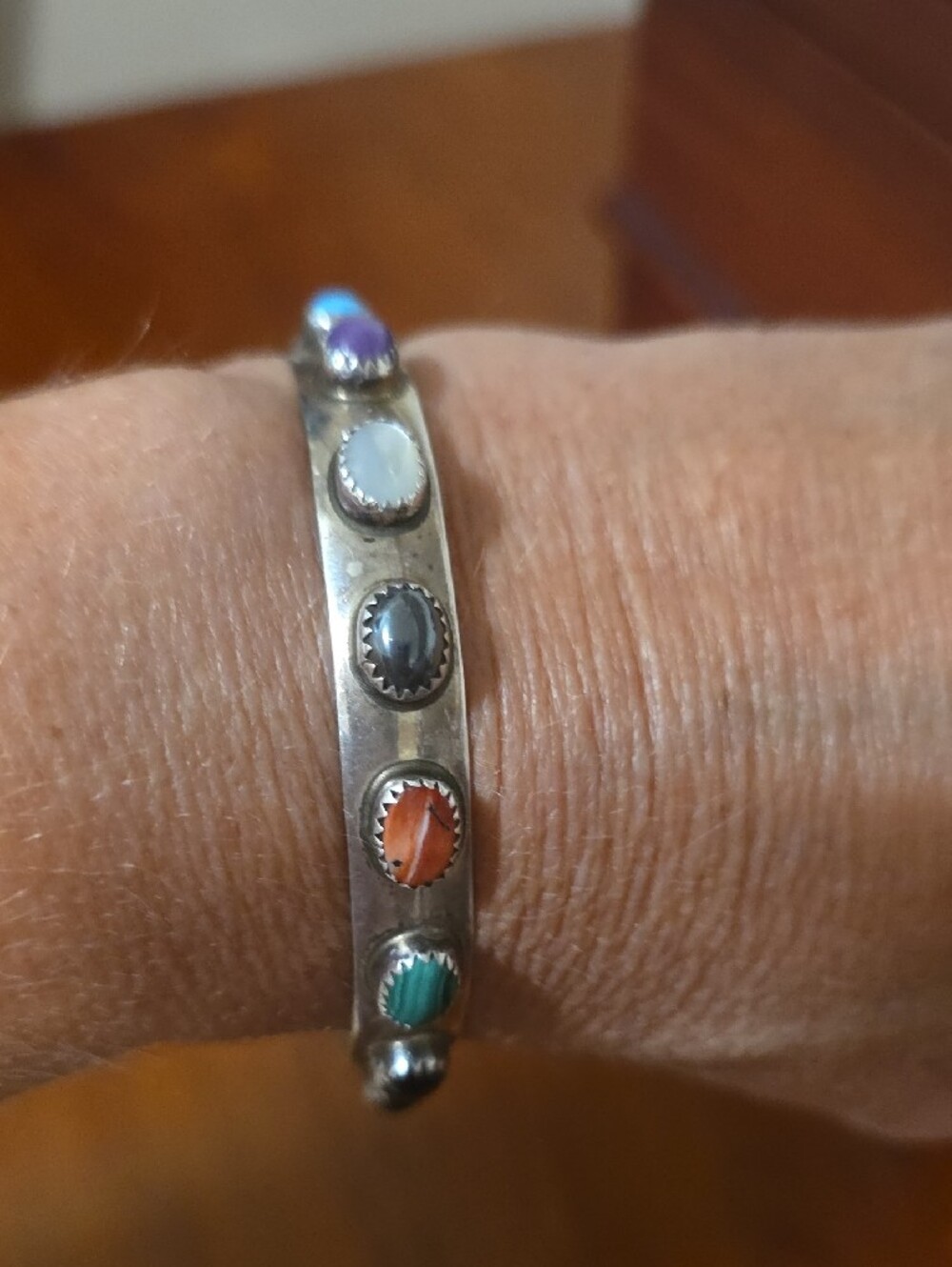 Sterling Silver Multi-Stone Cuff Bracelet in Green, Orange, Purple, White, Gray - Picture 2 of 6